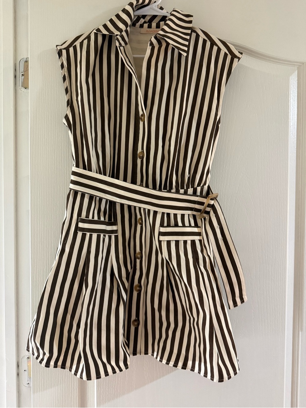 Classic Brown & White Stripe Women Dress with Belt
